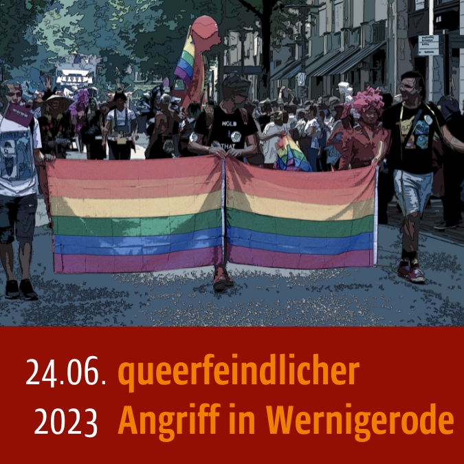 Mehrere Personen halten zwei Regenbogenflaggen, hinter ihnen laufen viele Menschen. Unten steht: 24.06.2023 queerfeindlicher Angriff in Wernigerode"